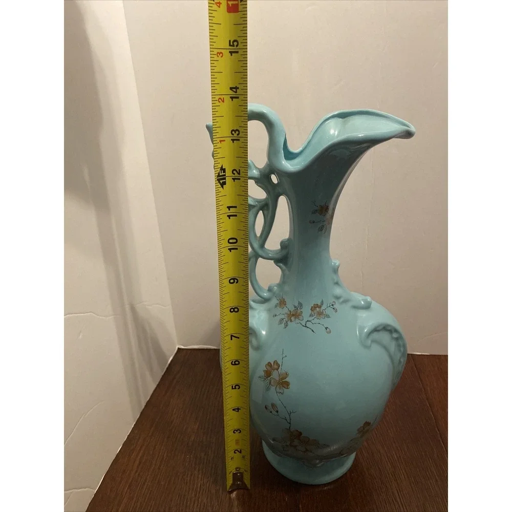 Vintage Art StudioPottery Vase Floral Hand Painted Dogwood Victorian‎ Style Teal